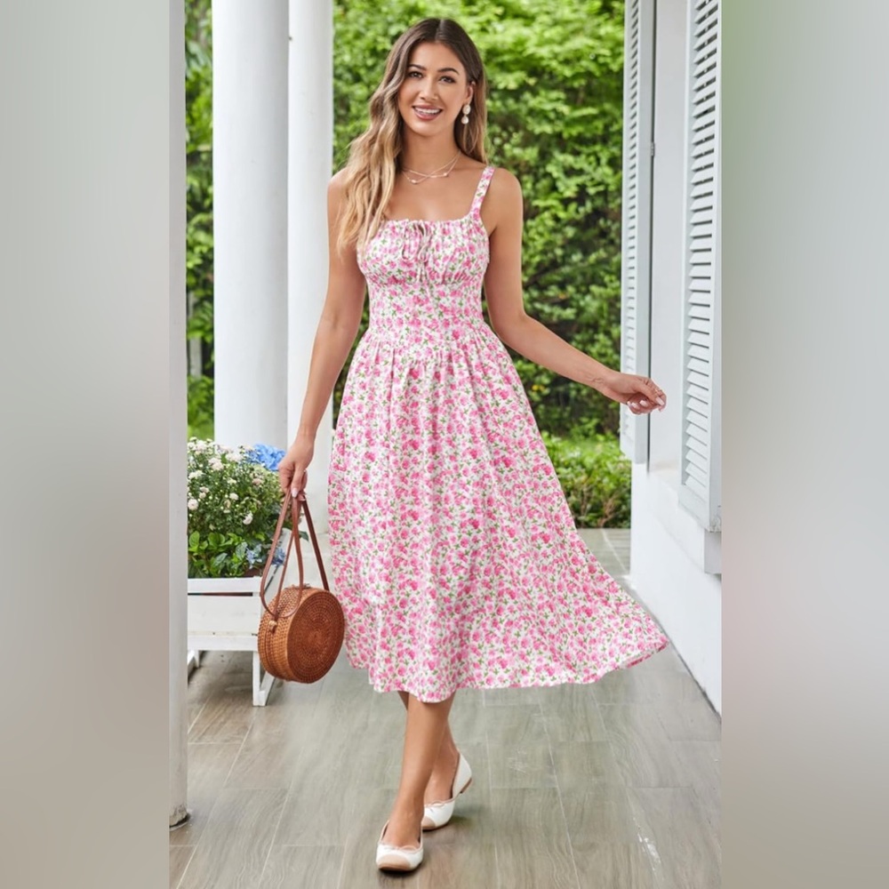 Floral pink/green corset sundress with pockets